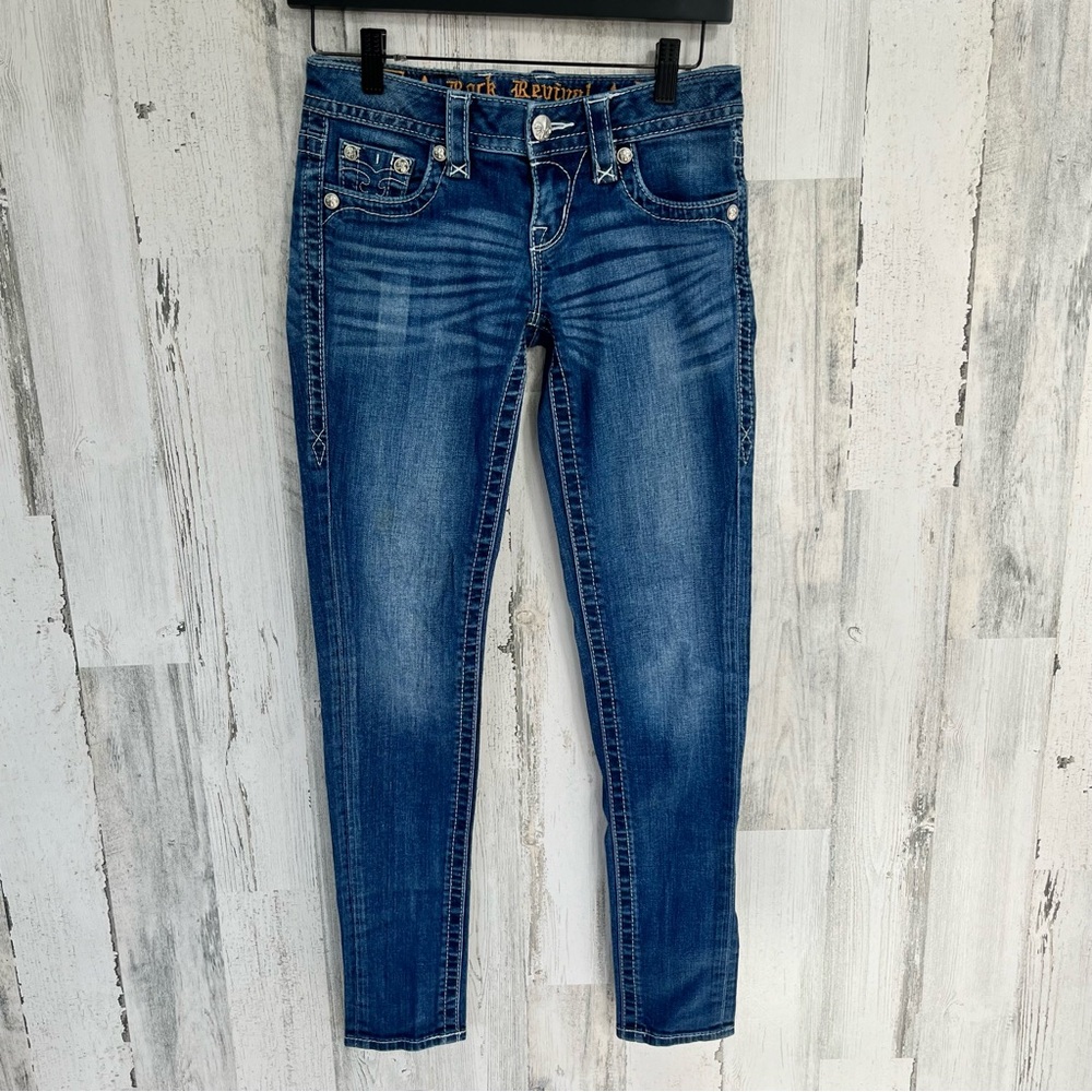 Rock Revival Jessica Skinny Blue Denim Jeans Size 28X30 Zip & Button Closure